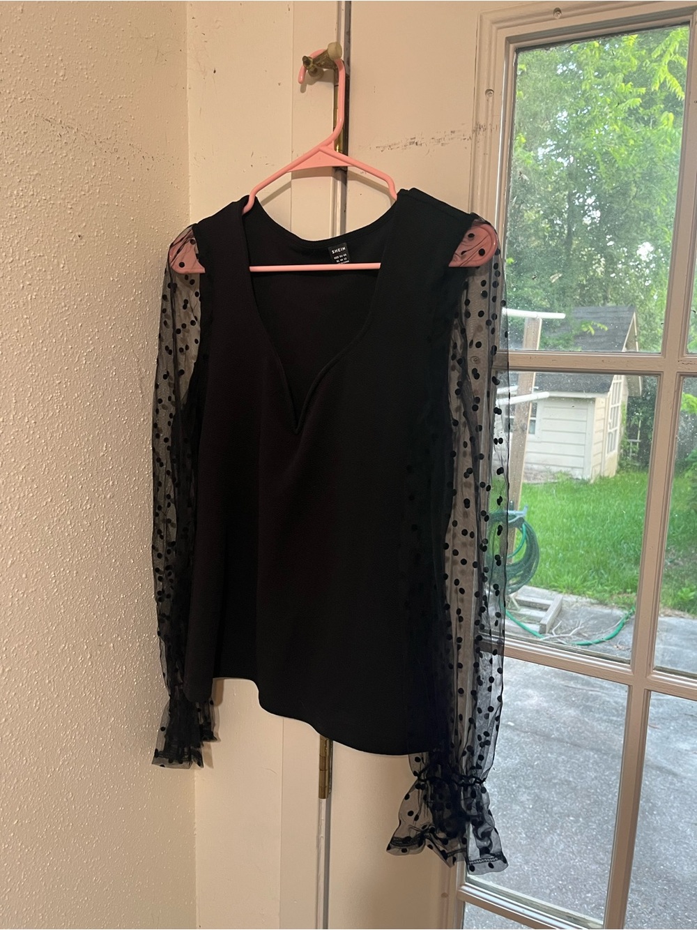 SHEIN Black Polka Dot Mesh Sleeve Blouse